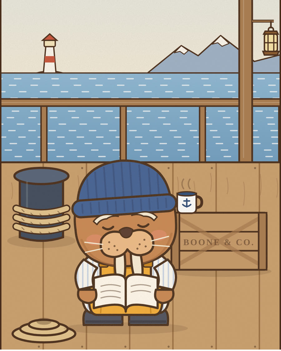 Boone the walrus reading on his dock by the water