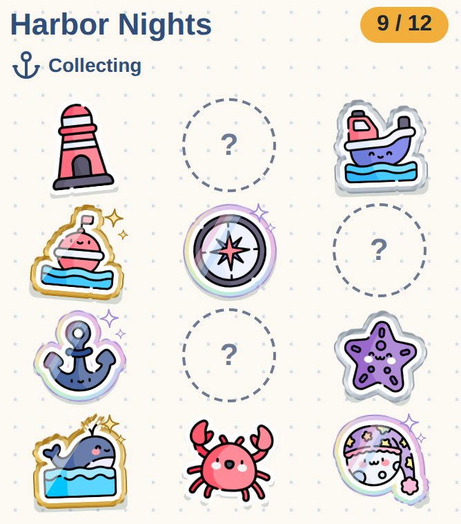 A sticker book page called Harbor Nights with nine of twelve stickers collected